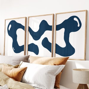 Dunkelblaue Wandkunst, 3er-Set Abstrakte Wandkunst, Zeitgenössische Moderne Wandkunst, Blaue Wanddekoration, Wohnzimmer Dekor