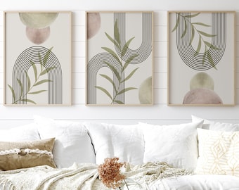 Sage Green Botanical Art Prints: Mid Century Modern Set of 3