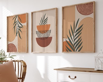 Boho Wandbilder Set: Mid-Century Modern, Orange & Beige