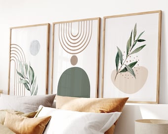 Salbeigrüne botanische Drucke, Boho Wandkunst, 3er-Set