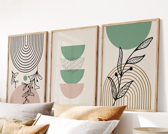 Green & Pink Boho Botanical Print Set: Living Room Wall Art