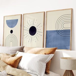 Blue Boho Wall Art Prints: Mid-Century Modern Set of 3