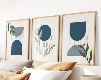 Blaue Boho Wand Kunst Drucke: Mid-Century Modern 3er Set