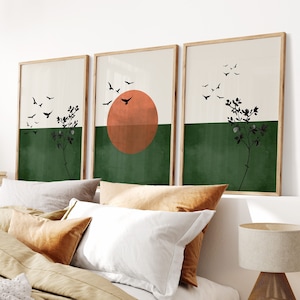 Aufgehende Sonne Wandkunst | Set mit 3 Sonnendrucken | Orange Sonnenkunst | Vintage inspirierte Drucke | Retro-Wandkunst | Japandi-Wanddrucke | Dunkelgrün