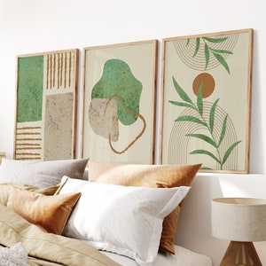 Set of 3 Sage Botanical Wall Prints | Green Mid Century Prints | Living Room Wall Decor | Boho Wall Art Prints