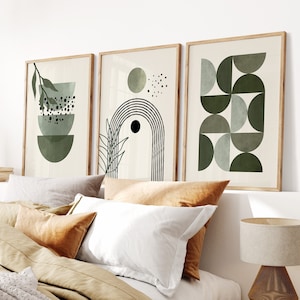 Sage Green Boho Wall Art Prints: Set of 3, Abstract Geometric