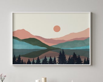 Boho Mountain Landscape Print: Abstrakcyjna sztuka ścienna z motywem natury