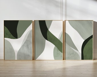 3er Set Wandbilder Salbei Grün 30x40cm - Abstrakte Pflanzen Kunst Für Wohnzimmer