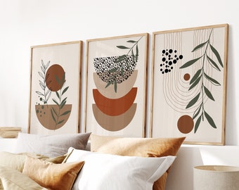 Boho Botanical Wall Art Prints: Green Abstract Set of 3