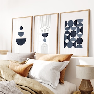 Blauwe muurkunstset | Marineblauwe muurkunst | Marineblauw interieur | 3-delige Boho-kunstafdrukken | Woonkamerdecoratie | Marine en blauwe muurkunst