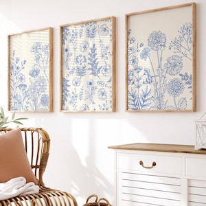 Blue Floral Botanical Print Set: Chinoiserie Wall Art