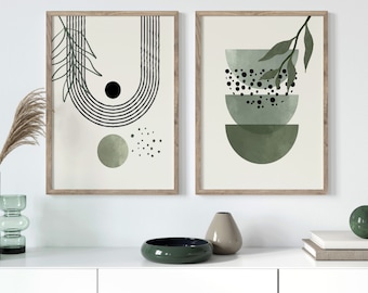 Sage Green Abstract Prints: Boho Living Room Wall Art (Set of 2)