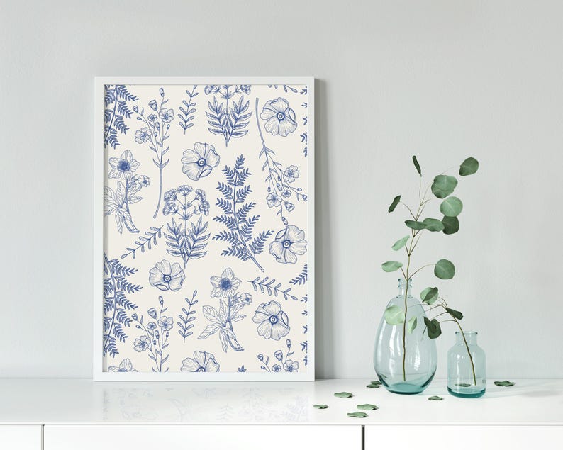 Blue Botanical Wall Art, Blue Flower Wall Prints, Botanical Print Set