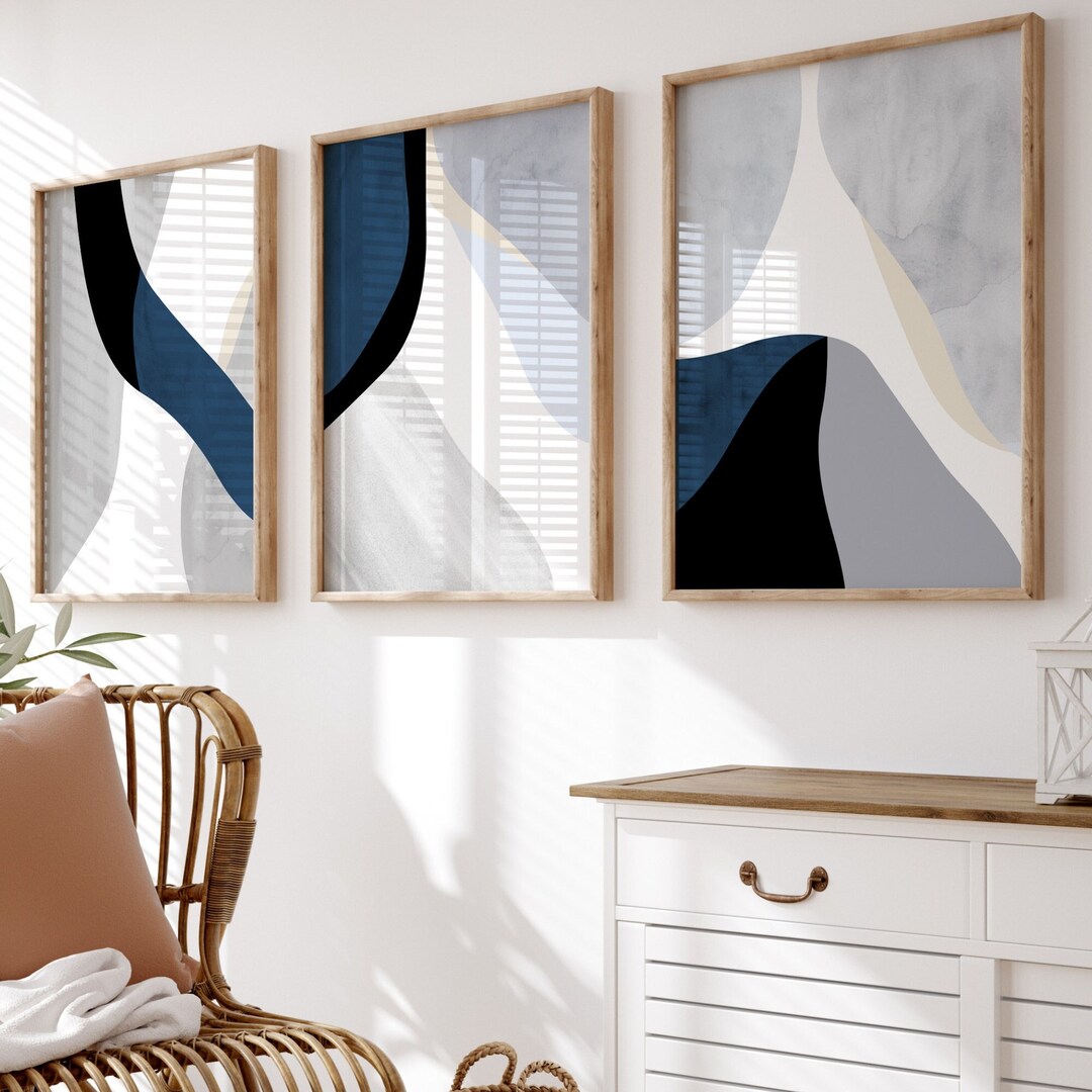 Set of 3 Blue Prints | Navy Blue Wall Art | Living Room Wall Decor ...