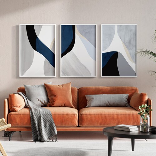 Navy Blue Wall Art Set 3 Piece Art Prints Blue Abstract Wall Etsy