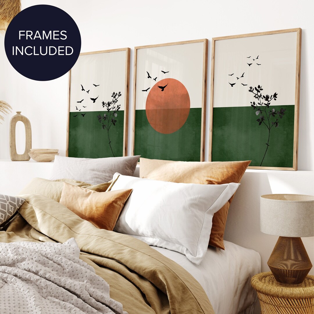 Framed Dark Green Wall Art Set of 3 Prints Rising Sun Art Vintage