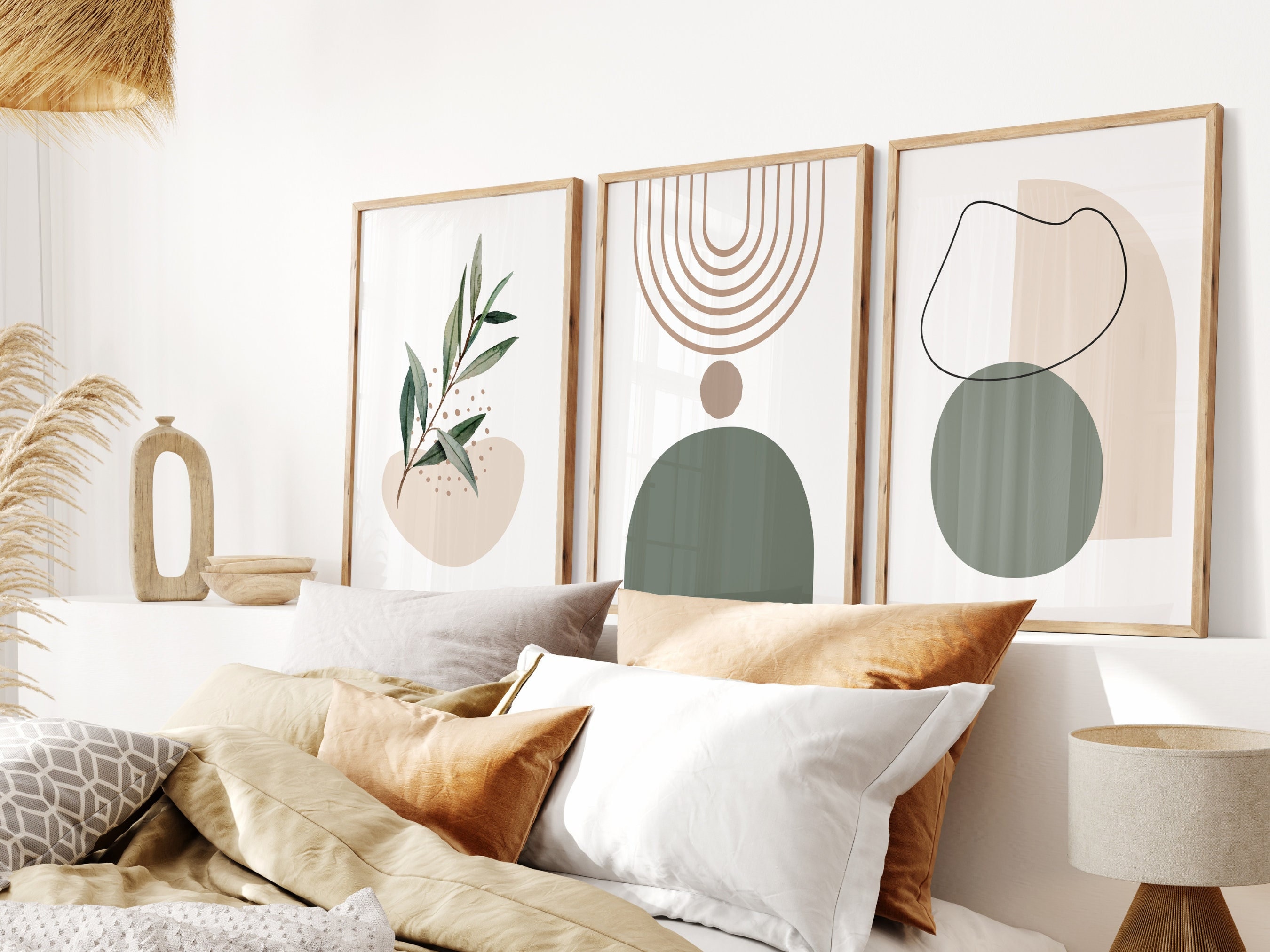 Large Framed Green Abstract Landscape Wall Art For Living Room, 3 Piece Canvas Prints Paintings Artwork For Walls, Modern Minimalist Pictures For Dining Room, Hallway, Office Wall Decor 24x36 In