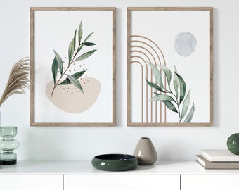 Sage Green Botanical Wall Prints | Boho Living Room Art, Set of 2