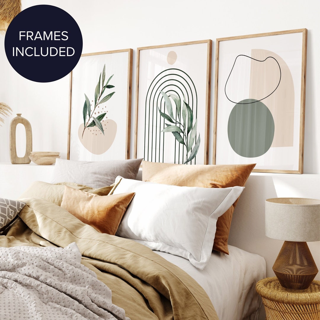 Framed Sage Green Wall Art Set of 3 Botanical Prints Modern Mid Century