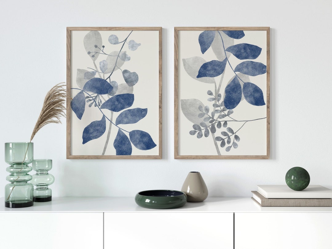 Blue Botanical Prints Set: Modern Navy Floral Wall Art - Etsy