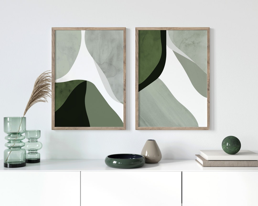 Sage Green Wall Art Two Green Abstract Prints Living Room Etsy UK