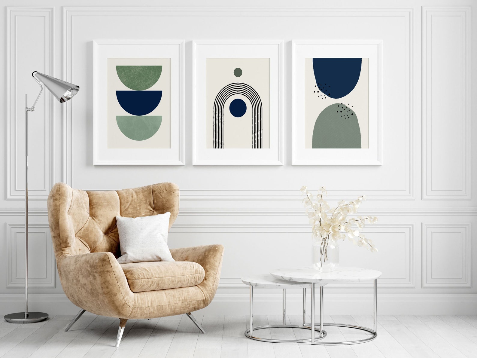 Boho Geometric Wall Prints Set | Sage Green & Blue Art - Etsy