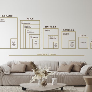 K&ouml;nnte beinhalten: Ein Diagramm, das verschiedene Druckgr&ouml;&szlig;en und Verh&auml;ltnisse f&uuml;r Kunstwerke zeigt, darunter 2:3, A1-A4, 3:4 und 4:5. Das Diagramm enth&auml;lt auch den Text "SOFA 98 in | 250 cm".
