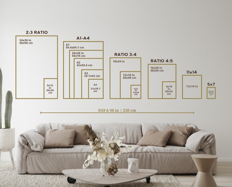 K&ouml;nnte beinhalten: Ein Diagramm, das verschiedene Druckgr&ouml;&szlig;en und Verh&auml;ltnisse f&uuml;r Kunstwerke zeigt, darunter 2:3, A1-A4, 3:4 und 4:5. Das Diagramm enth&auml;lt auch den Text "SOFA 98 in | 250 cm".