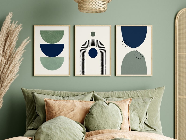 Boho Geometric Wall Prints Set | Sage Green & Blue Art - Etsy