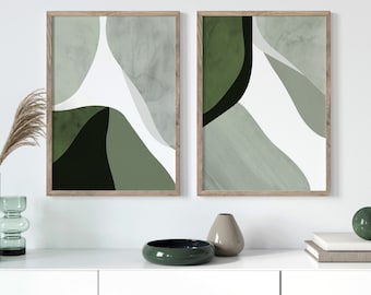 Sage Green Abstract Art Prints | Set of 2, Modern Home Decor