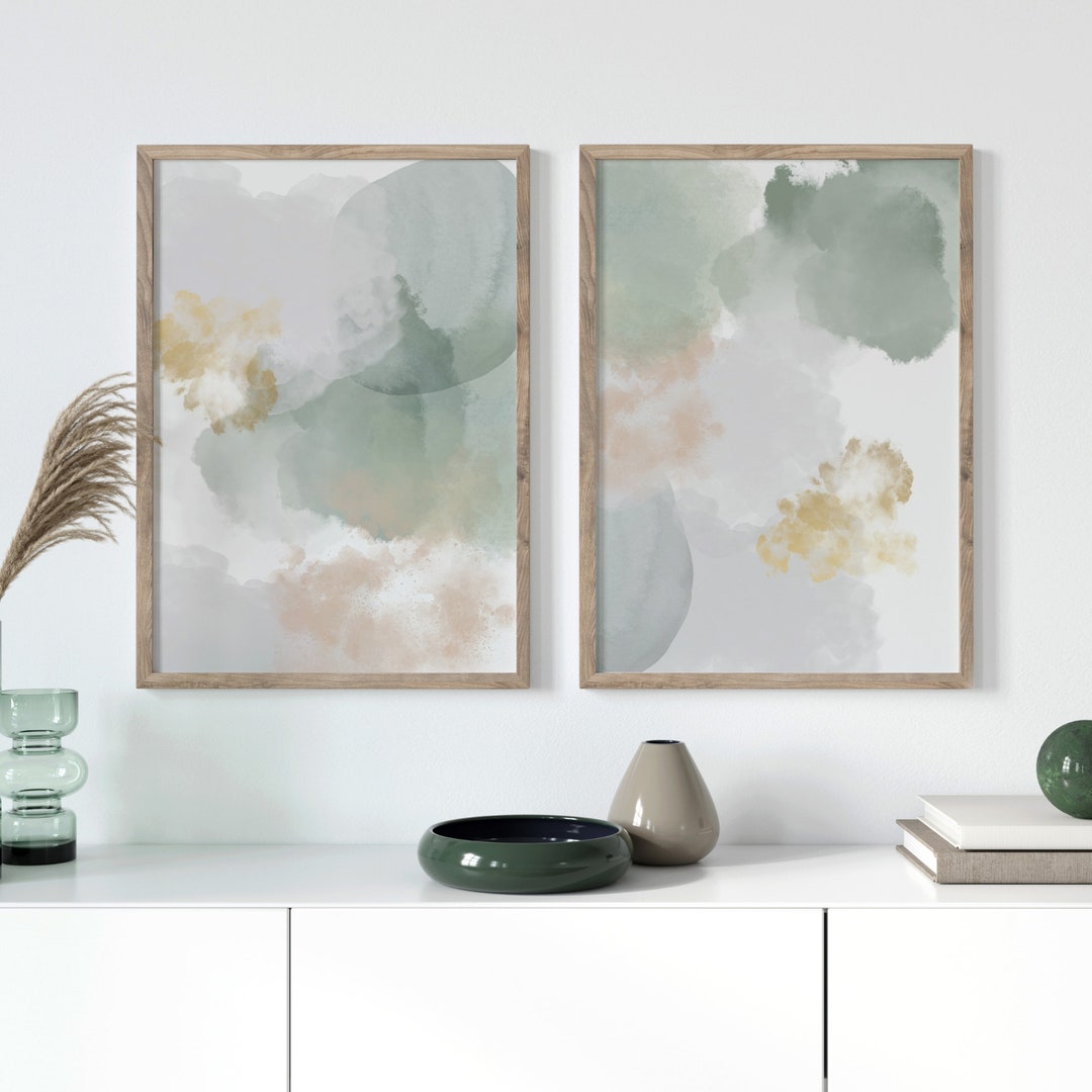 Set of 2 Green Abstract Wall Prints Modern Wall Prints Living Room Art