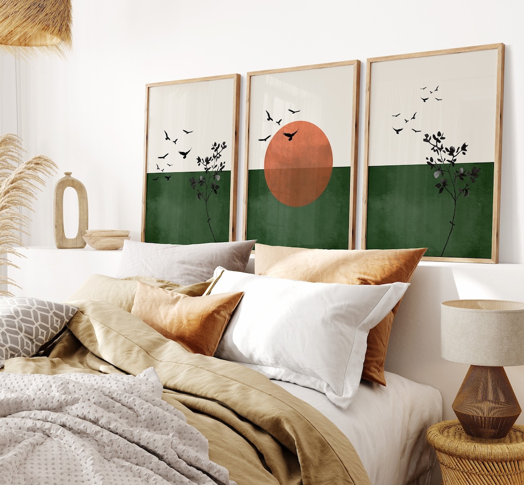 Rising Sun Wall Art Set of 3 Sun Prints Orange Sun Art Vintage Inspired Prints Retro Wall Art