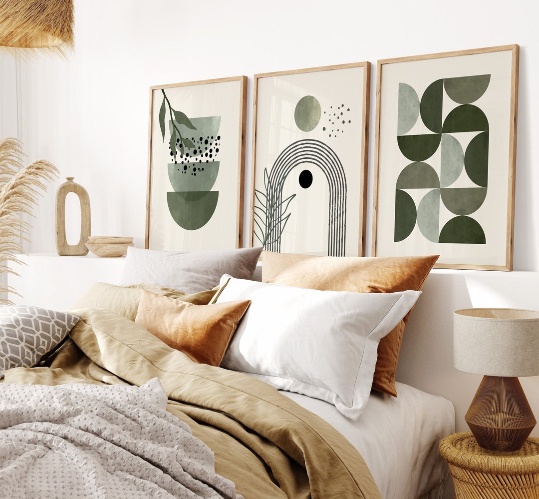 Sage Green Boho Wall Art Prints: Set of 3, Abstract Geometric - Etsy