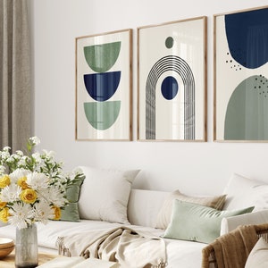 Boho Geometric Wall Prints Set | Sage Green & Blue Art - Etsy