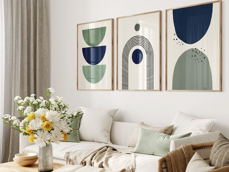 Boho Geometric Wall Prints Set | Sage Green & Blue Art - Etsy