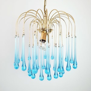 Murano Style Chandelier: Sky Blue Teardrops, Gold Cascade Light