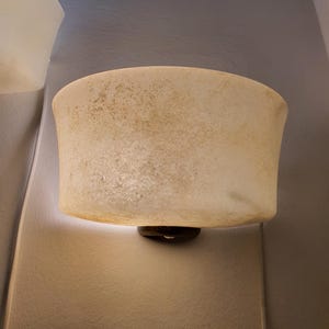 May include: A semi-circular wall sconce featuring a textured, off-white, translucent glass shade with mottled brown and tan speckling. The shade is mounted to the wall with a dark, circular base, emitting a soft glow from the bottom edge.