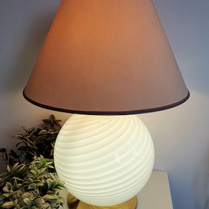 Large Murano Glass White Swirl Globe Table Lamp on Golden Base | Scandinavian deco | Italian Minimalistic Design | Handcrafted Bedside Light