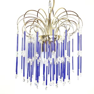 Vintage Cascade Chandelier: Navy Blue Glass Drops, Hollywood Regency Style