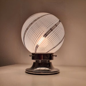 Vintage Murano Glass Globe Table Lamp - 1970s Venini Style | Black & White Swirls, Filigree Pattern, Chrome Base, Italian Tessuto Design