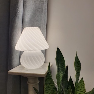 Vintage Murano Glass Mushroom Lamp: White Swirl, MCM Bedside Light