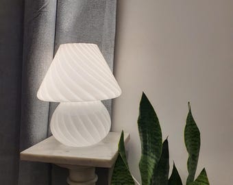 Vintage Murano Glass Mushroom Lamp: White Swirl, MCM Bedside Light