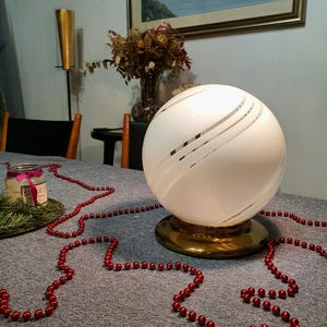 Murano Glass White Swirl Globe Table Lamp on Golden Base | MCM Midcentury Modern | Italian Minimalistic Design | Handcrafted Bedside Light