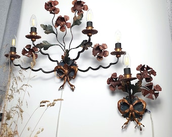 Pair of Italian toleware floral bow sconces / set of vintage gilt tole wall lights