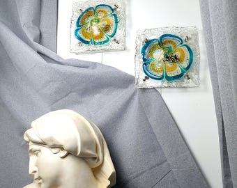 Set of 2 Mazzega turquoise and caramel flowers vintage Murano glass square sconces
