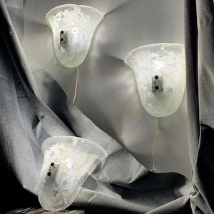 Set of 3 vintage Murano glass shell shaped clear & white inclusions wall sconces