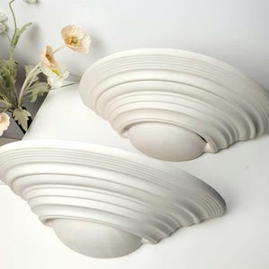 Könnte beinhalten: Zwei weiße, muschelförmige Wandleuchten mit einem Spiraldesign. Die Leuchten haben eine glatte, matte Oberfläche und einen abgerundeten Sockel. Der Hintergrund ist weiß, mit ein paar künstlichen Blumen in der oberen linken Ecke.