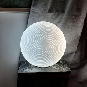 Signed De Majo Murano Glass Flush Mount | Vintage White Swirl Ceiling Light | MCM Scandinavian Retro Lighting | 1980s Italian Art Glass