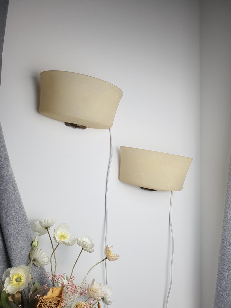 Pair of sand color moonstone Italian vintage Midcentury glass wall sconces image 4