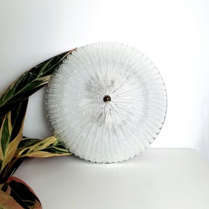 Könnte beinhalten: Eine runde, transparente Deckenleuchte aus Glas mit einem strukturierten, gerippten Design. Die Leuchte hat eine messingfarbene Mitte und einen Durchmesser von etwa 30 cm. Die Leuchte befindet sich vor einem weißen Hintergrund mit einer grün-rosa Pflanze.